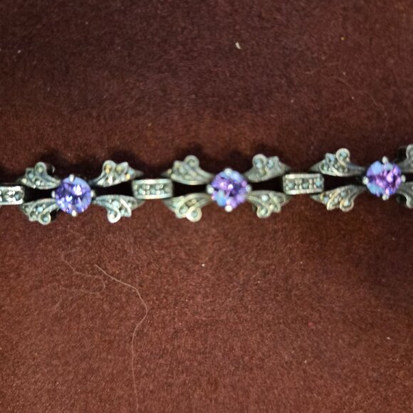 Vintage Sterling Silver Rhinestone Bracelet Floral Motif Pave Link Bracelet - Picture 2 of 4